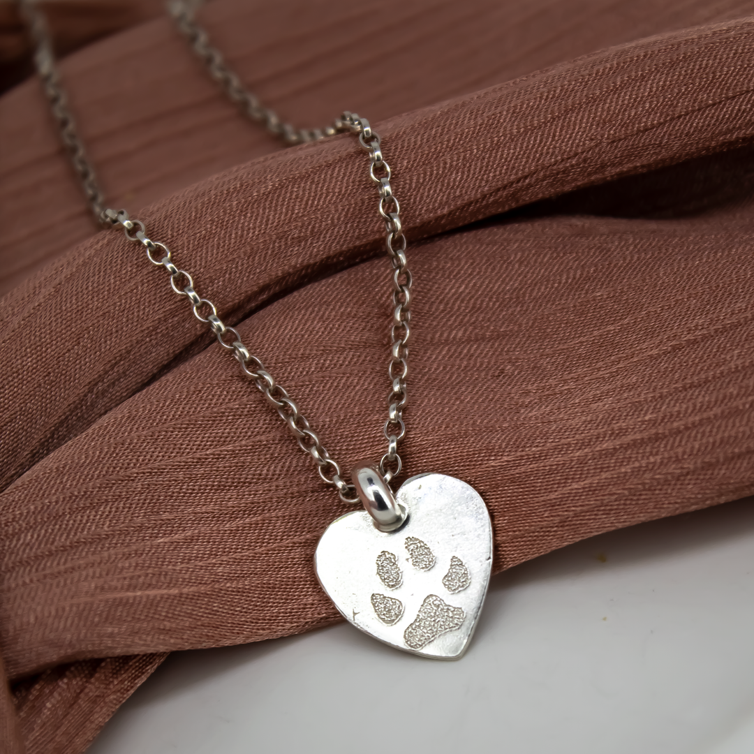 Silver Paw Print Love Heart Necklace