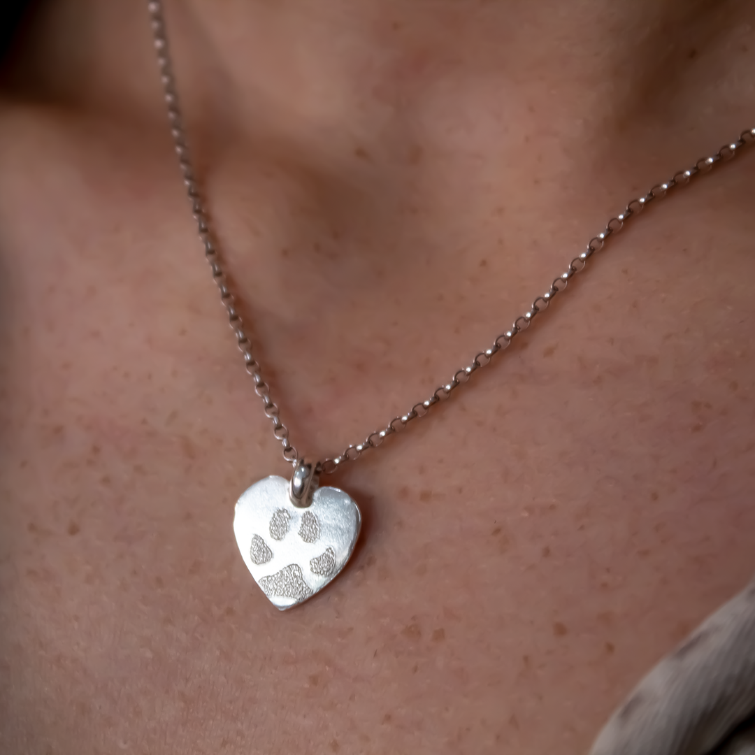Silver Paw Print Love Heart Necklace