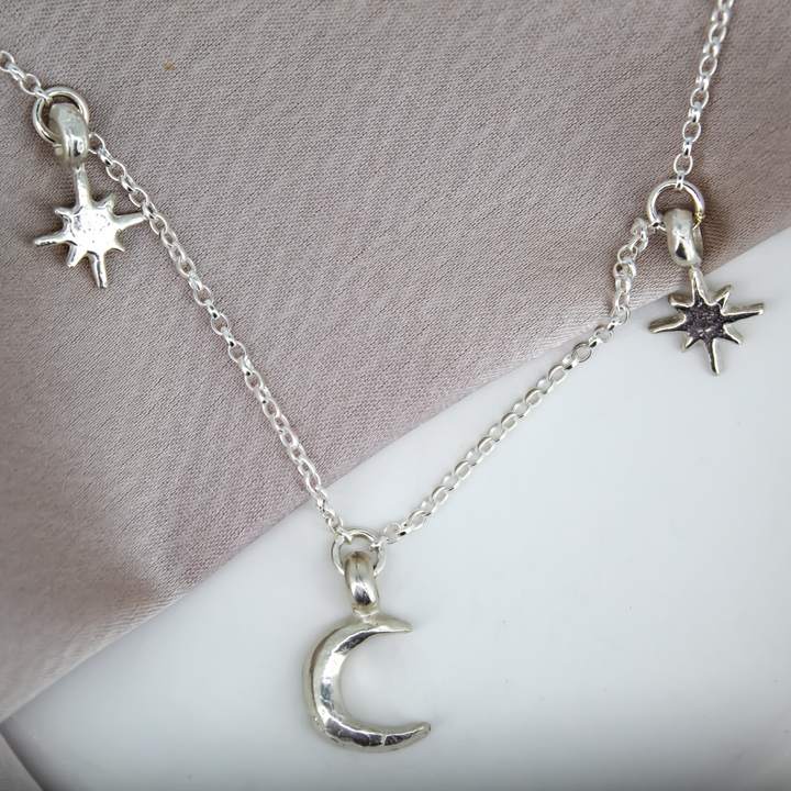 Crescent Moon with 2 North Star Charm Necklace