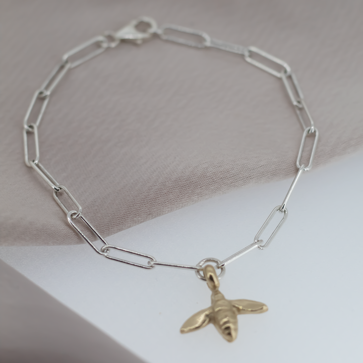 Gold Baby Honey Bee on Silver Trace Chain Bracelet