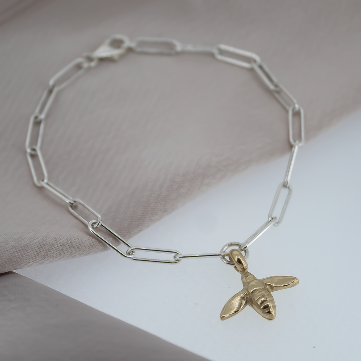 Gold Baby Honey Bee on Silver Trace Chain Bracelet