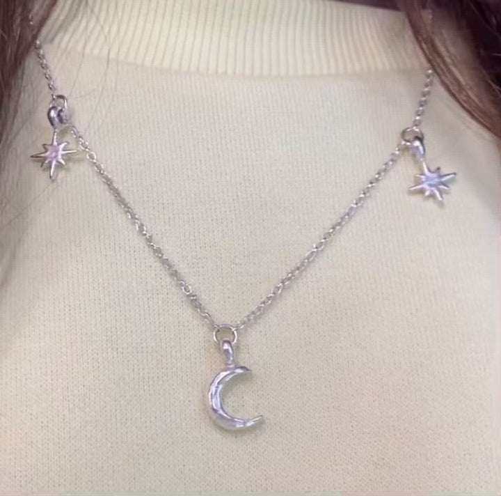 Crescent Moon with 2 North Star Charm Necklace