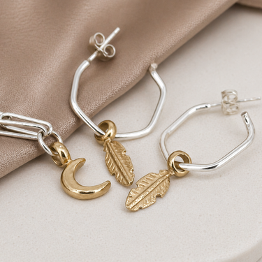 Gold Baby Feather Charms on Silver Hoops