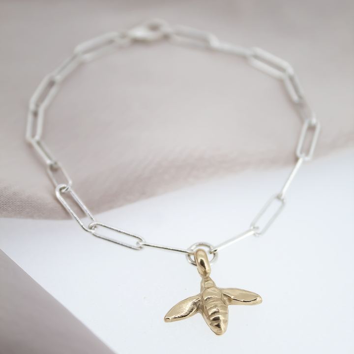 Gold Baby Honey Bee on Silver Trace Chain Bracelet
