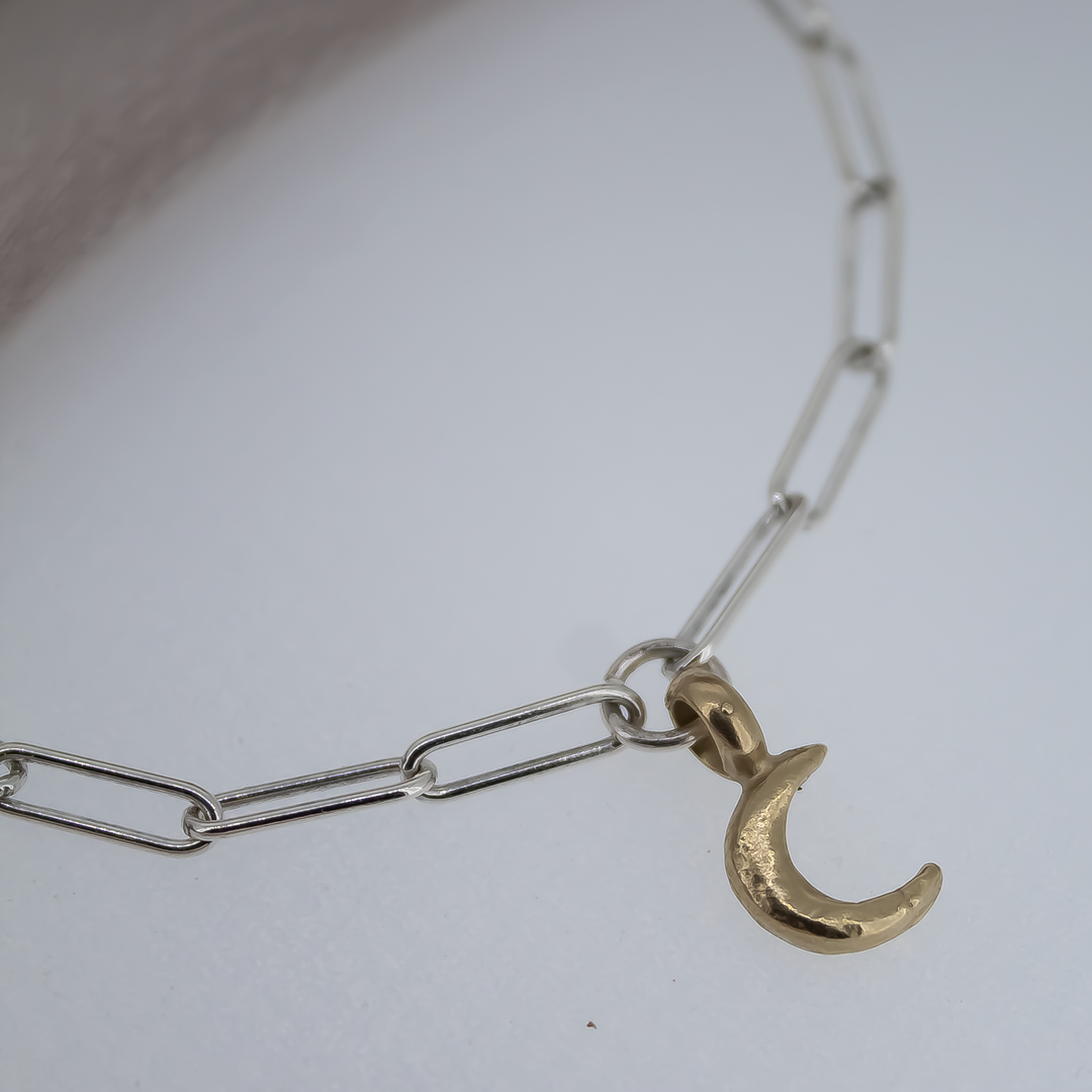 Gold Baby Crescent Moon on Silver Trace Chain Bracelet