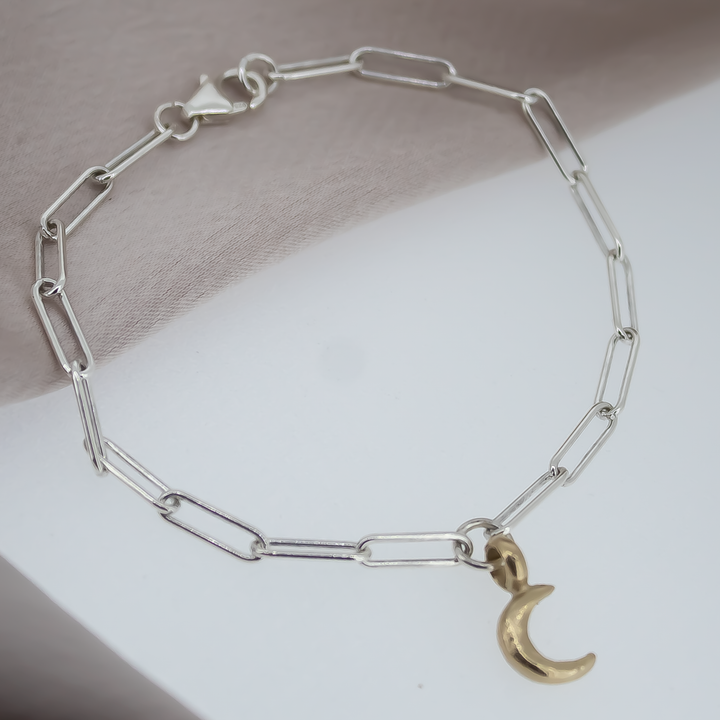 Gold Baby Crescent Moon on Silver Trace Chain Bracelet