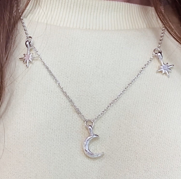 Crescent Moon with 2 North Star Charm Necklace