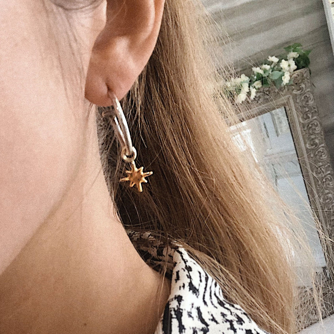 Gold North Star Charms on Silver Hoops