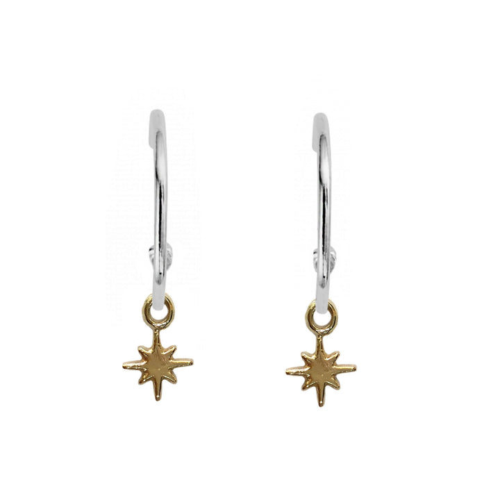 Gold North Star Charms on Silver Hoops