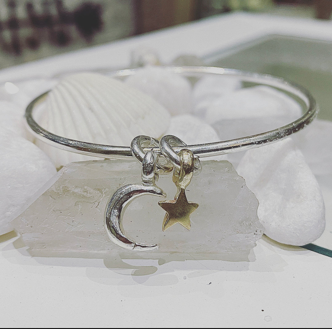Silver Crescent Moon Gold Star Bangle – Skinny Wrists